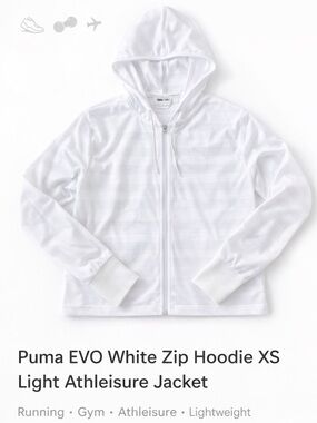 Puma EVO White Zip Hoodie XS Lightweight Athleisure Jacket Running Gym